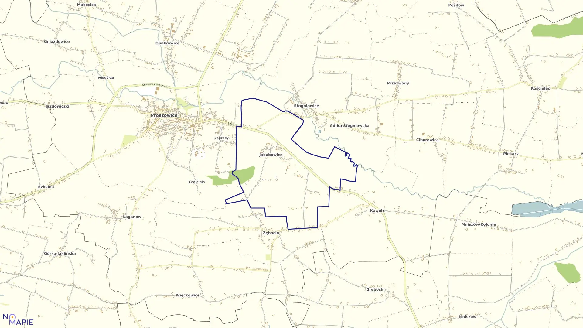 Mapa obrębu Jakubowice w gminie Proszowice