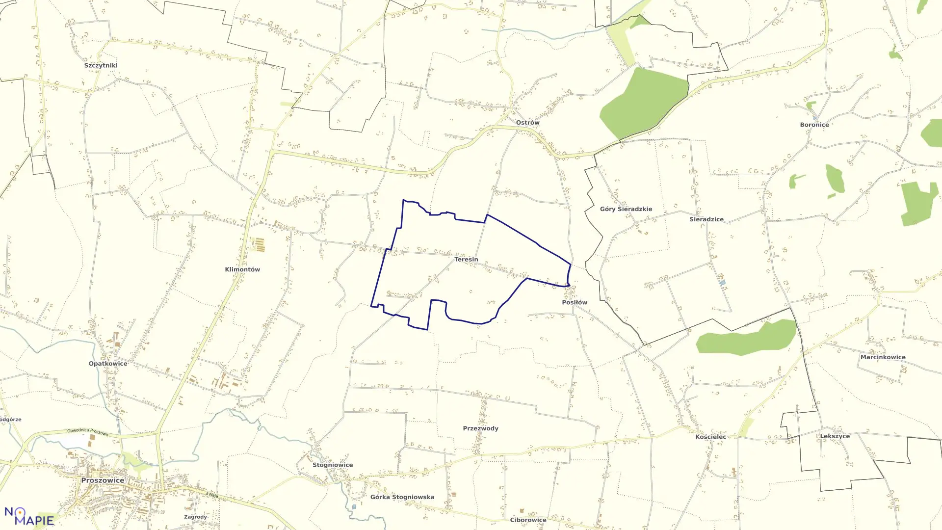 Mapa obrębu Teresin w gminie Proszowice