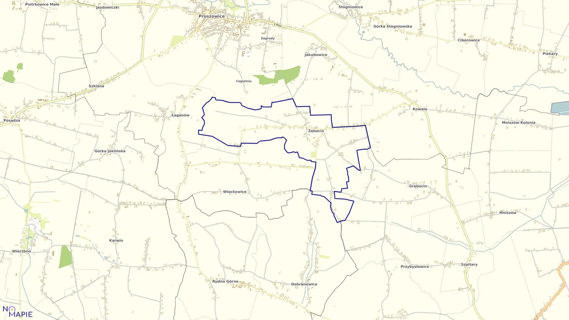 Mapa obrębu Żębocin w gminie Proszowice